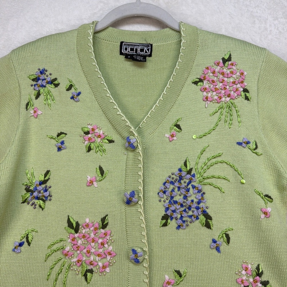 Vintage‎ Berek Takako Sakon Beaded Floral Knit Cardigan Sweater Women Small